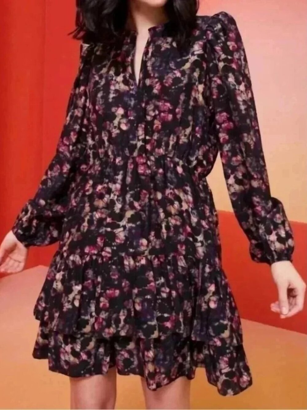 MARIE OLIVER Preston 100% Silk Mariposa Floral Long Sleeve Mini Dress (XS)